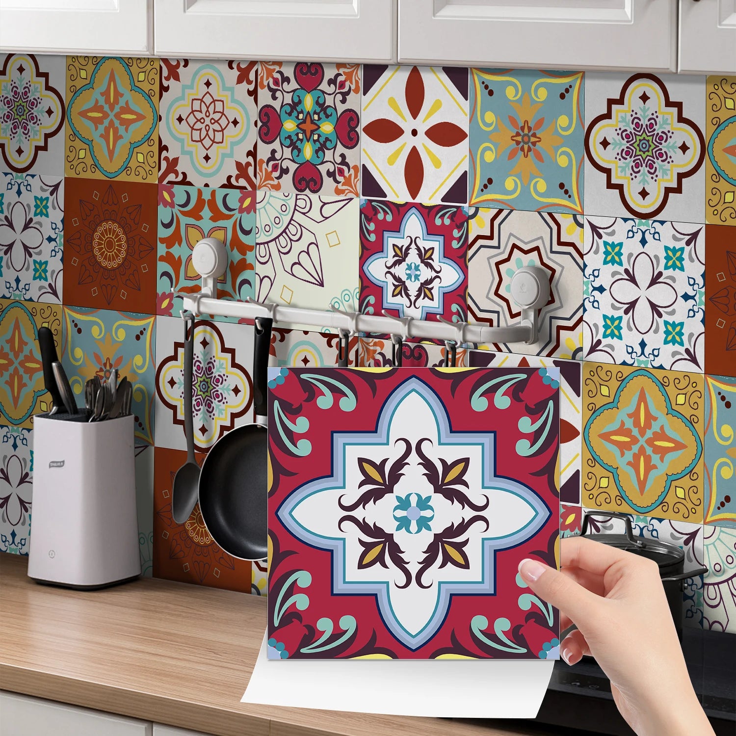 24pcs Of Exquisite Colorful Tile Stickers European Style Wall Stickers Pvc Waterproof Bathroom Kitchen Self-Adhesive Wallpaper