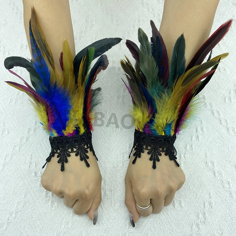 Natural Feather Sleeve Cuffs Gloves Party Cosplay Lace Wrist Cuffs Fur Sleeve Furry Accessories Carnival Stage Show Costume - Daisan Mart