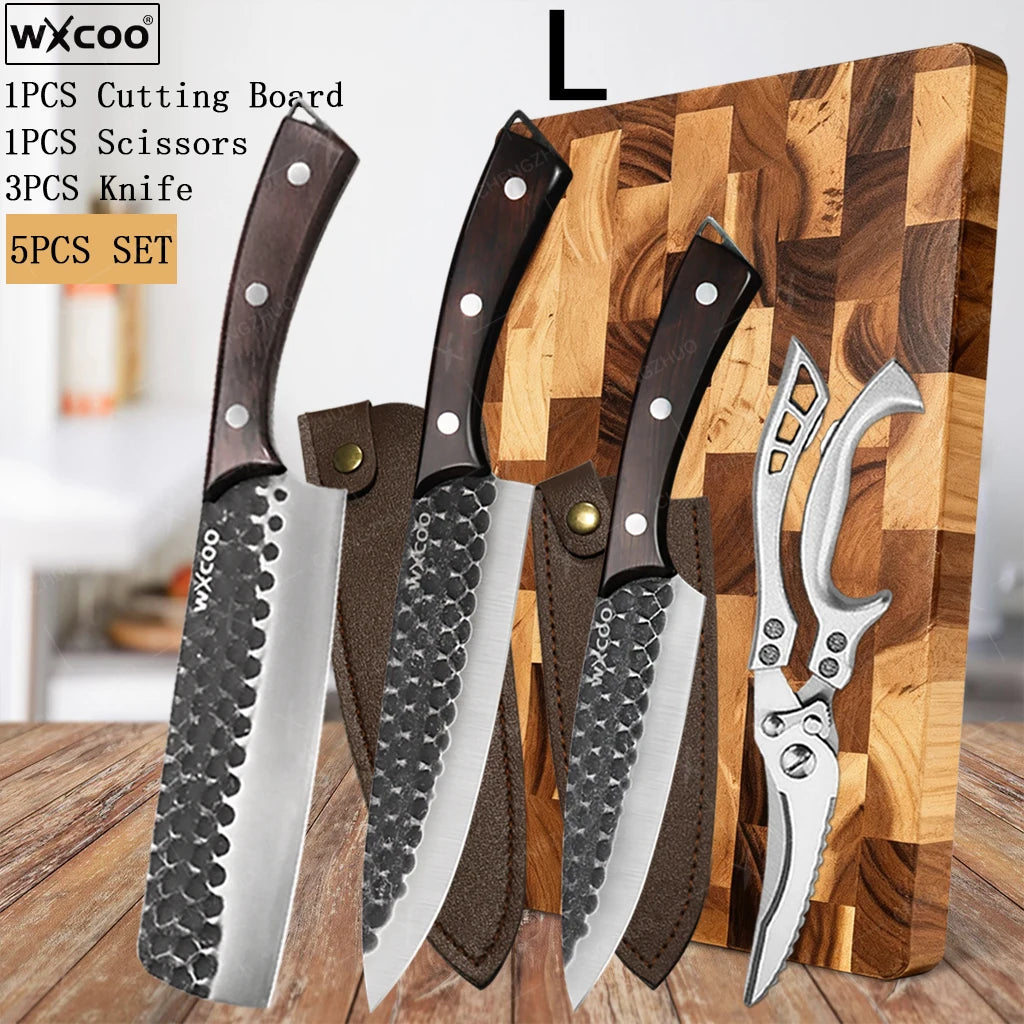 2-Sided Moisture-Proof Wooden Cutting Board + Stainless Steel Kitchen Knives and Cutlery