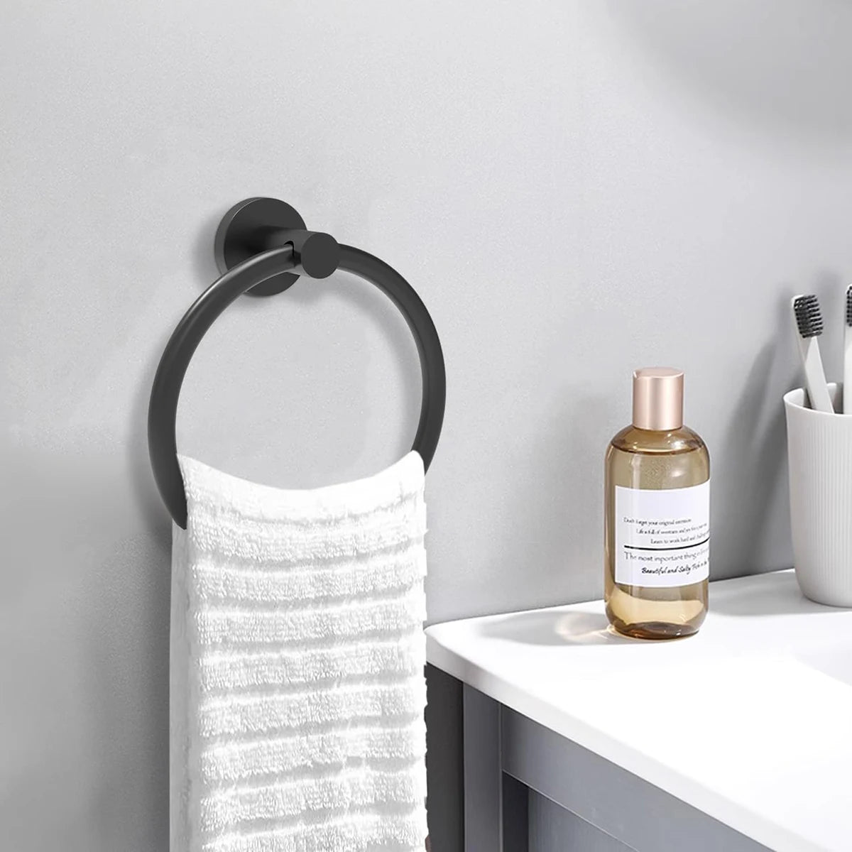 Bathroom Towel Ring Hardware Accessories Storage Holder 304 Stainless Steel Matte Black Hand Towel Holder Round Towel Hanger - Daisan Mart