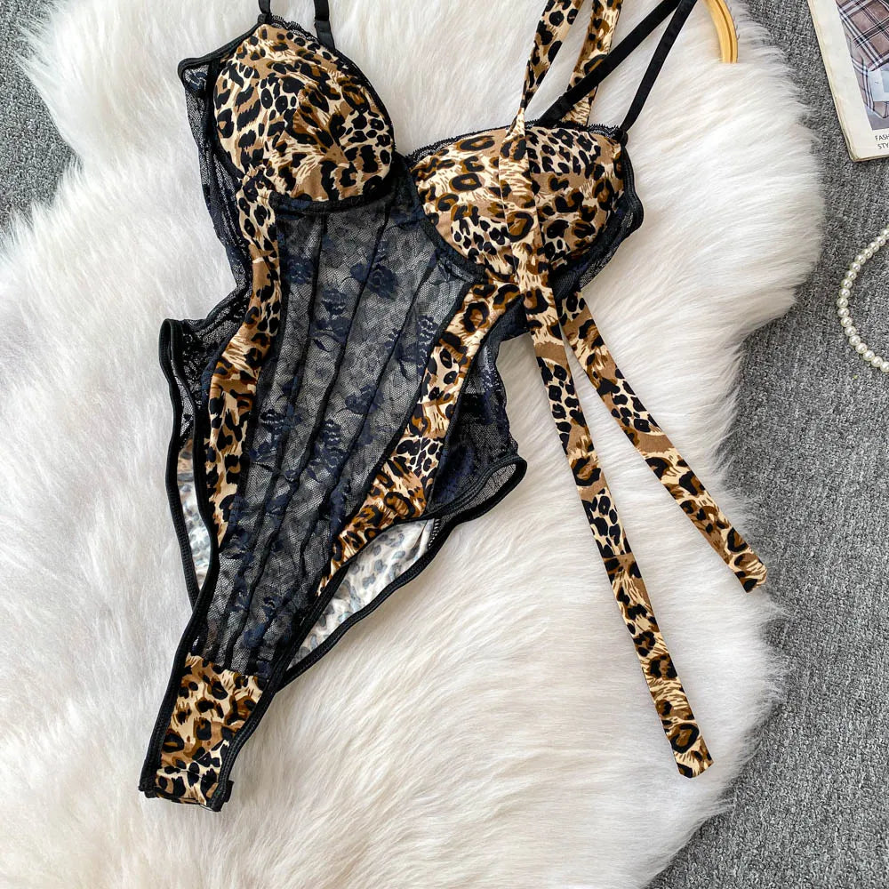 Women Hotsweet V-neck leopard slim Vintage Straps Bodysuits Chic lace Jumpsuits Slim Top Clothing