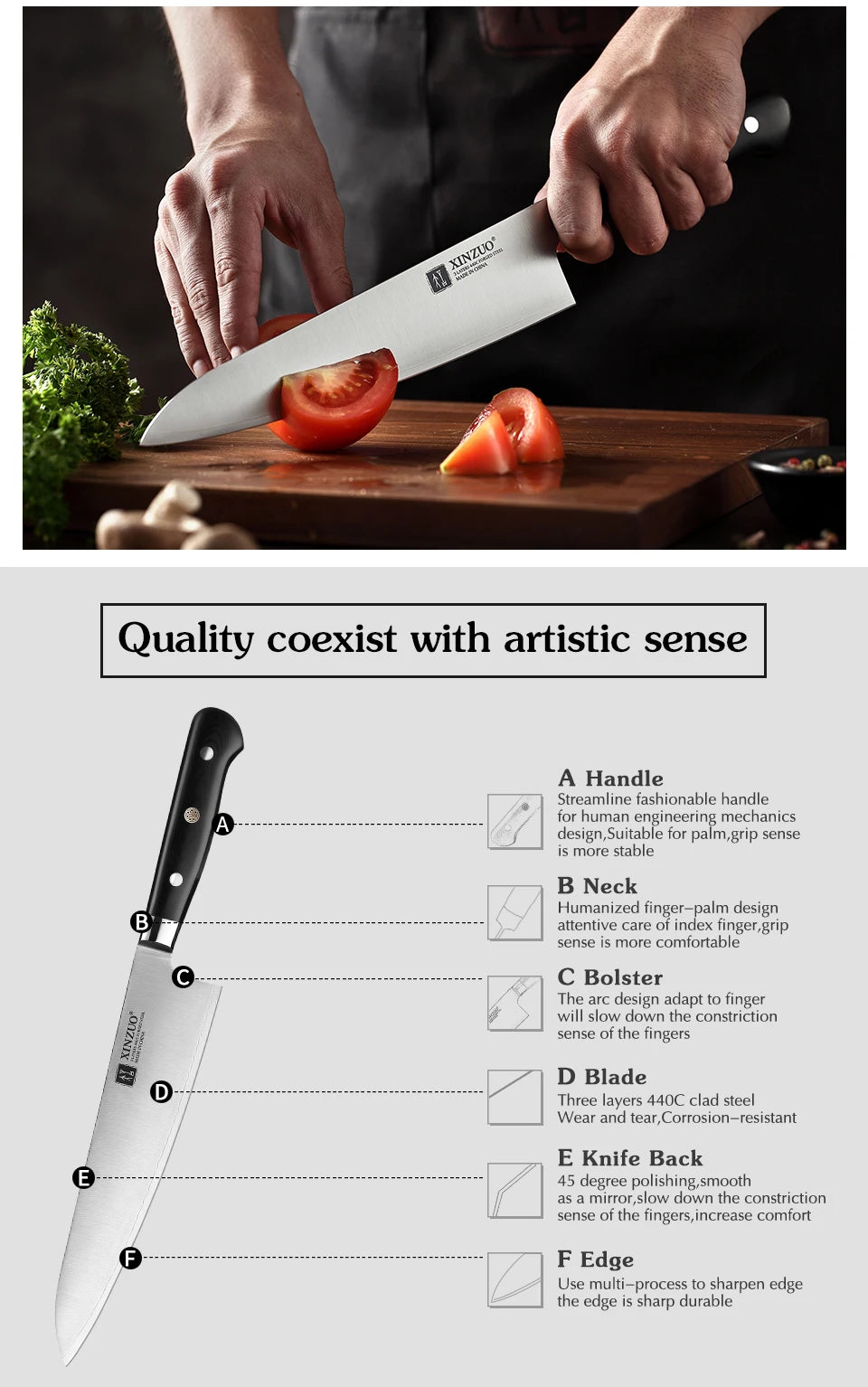 XINZUO 210mm Chef Knife 3 Layer 440C Core Clad Steel Kitchen Knives Stainless Steel Sharp Butchers Gyutou Knife with G10 Handle - Daisan Mart