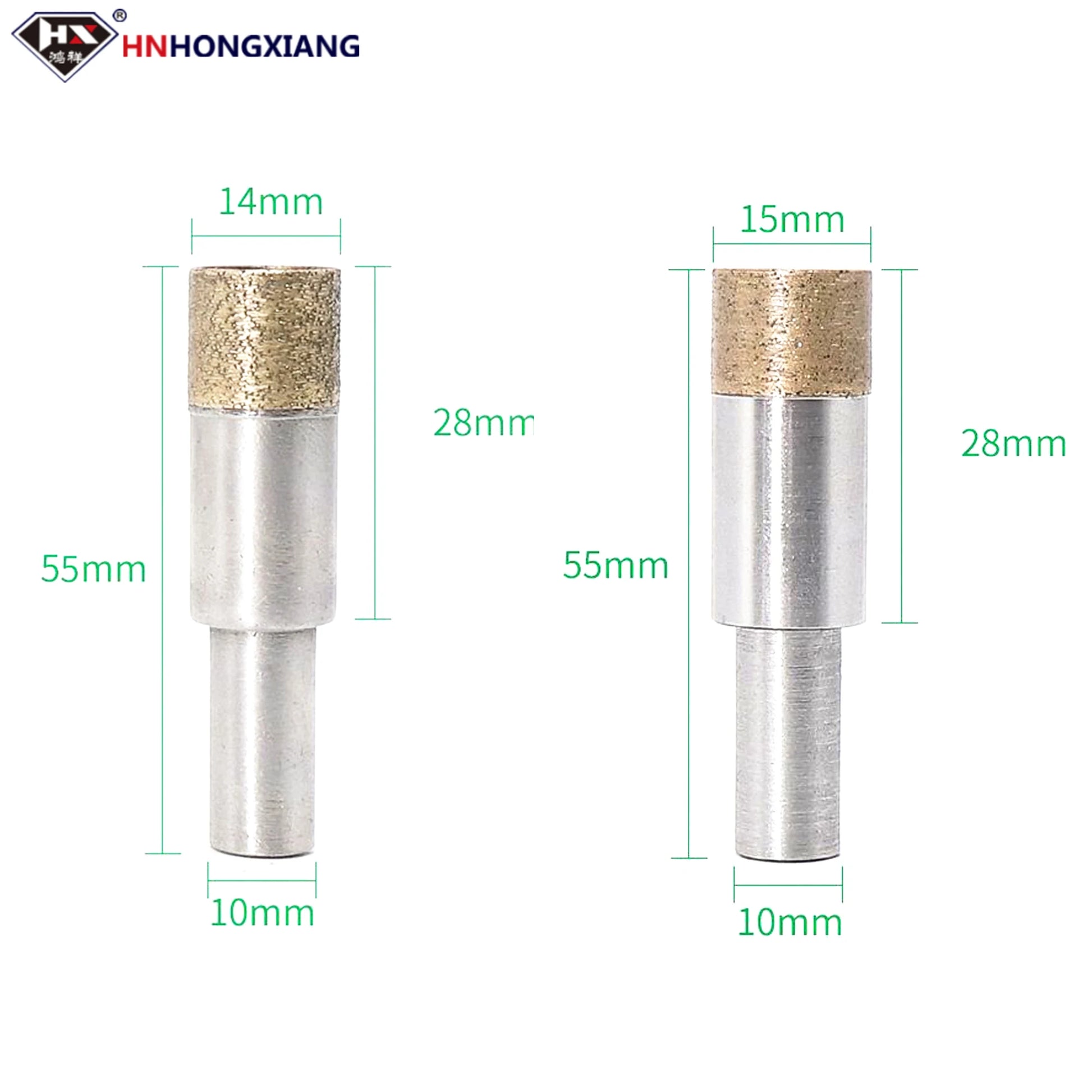 Hai mũi khoan kim cương màu bạc, vàng, kích thước 14mm, 15mm, chiều dài 55mm, 28mm.