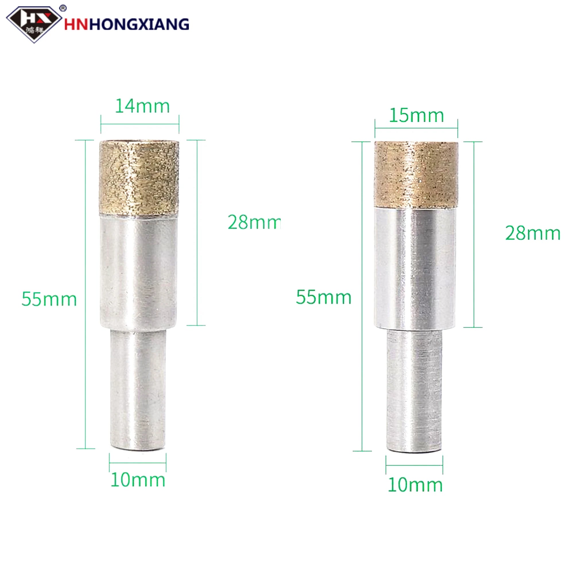 Hai mũi khoan kim cương màu bạc, vàng, kích thước 14mm, 15mm, chiều dài 55mm, 28mm.