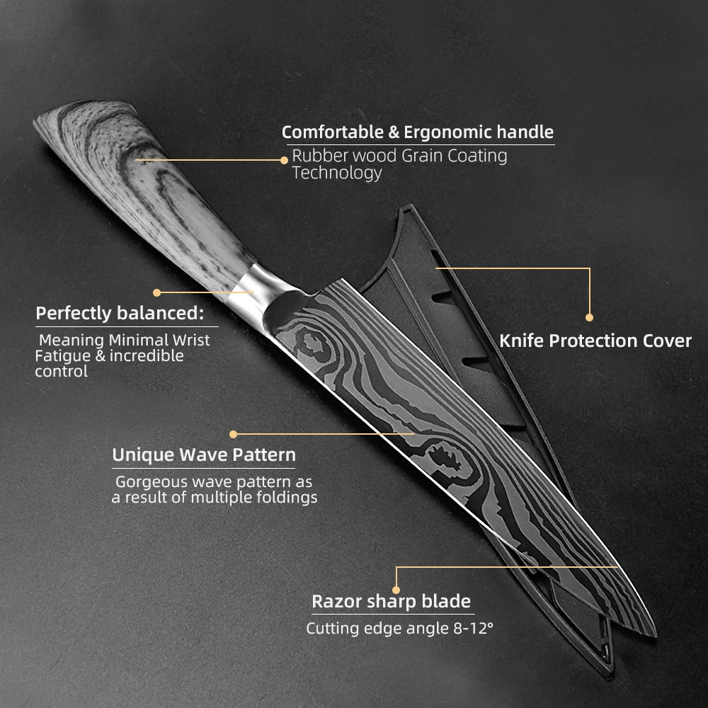 Bộ Dao Bếp Nhật Santoku 7Cr17 440C Vân Damascus