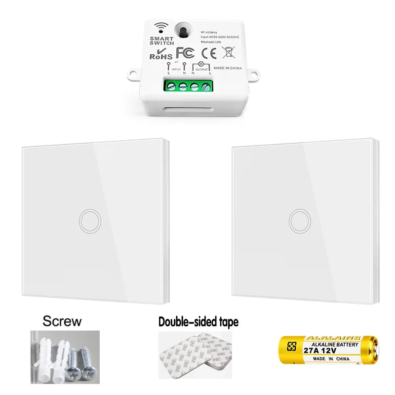 Wireless RF Smart Light Wall Switch with Remote Control Touch Wall Panel Mini Relay Receiver 110V 220V 10A (inlude battery)
