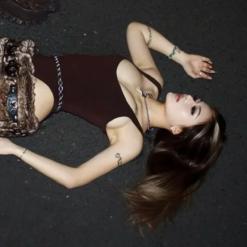 Brown Suspender Tights One-pieces Sexy Bodysuit Lingerie Slim Fit Body Feminino Sleeveless Lenceria Femenina Bustier Rave Outfit