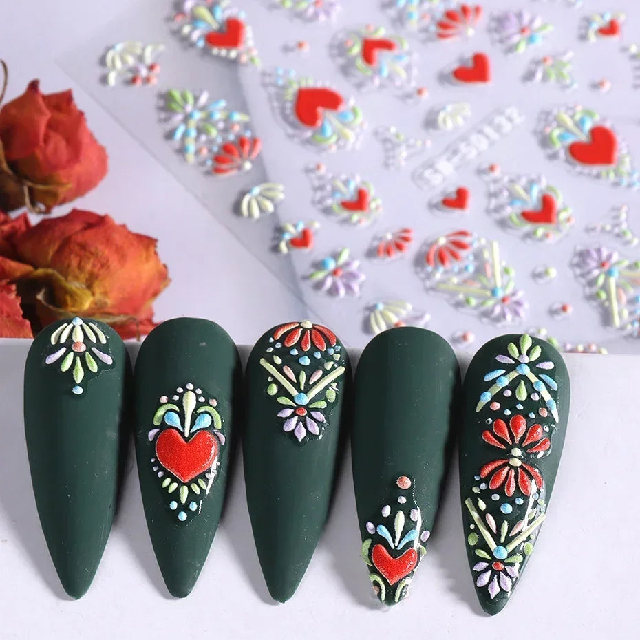 5D Colorful Daisy Flower Nail Art Sticker Lace Heart Spring Hollow Petals Boho Style French Engraved Slider Manicure Decorations - Daisan Mart