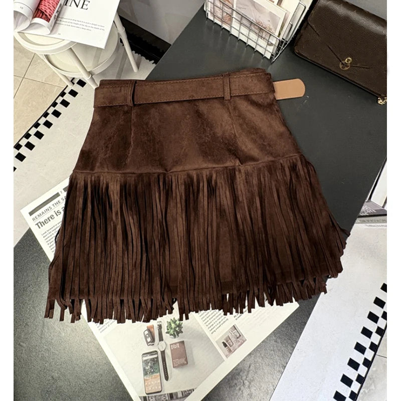 MEXZT Vintage Suede Mini Skirt Women Y2K Tassel Patchwork Black Hip Wrap Skirts Fall Winter Gyaru Streetwear Korean Slim Faldas - Daisan Mart