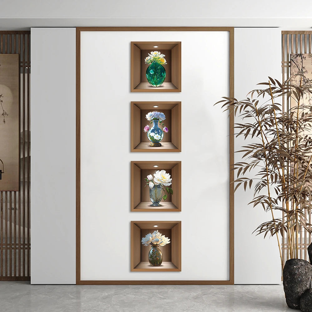 4pcs/set Simulated Plant Potted Plants Cabinet Decoration Wall Stickers Peel &amp; Stick Waterproof PVC Frameless Wall Art Mural