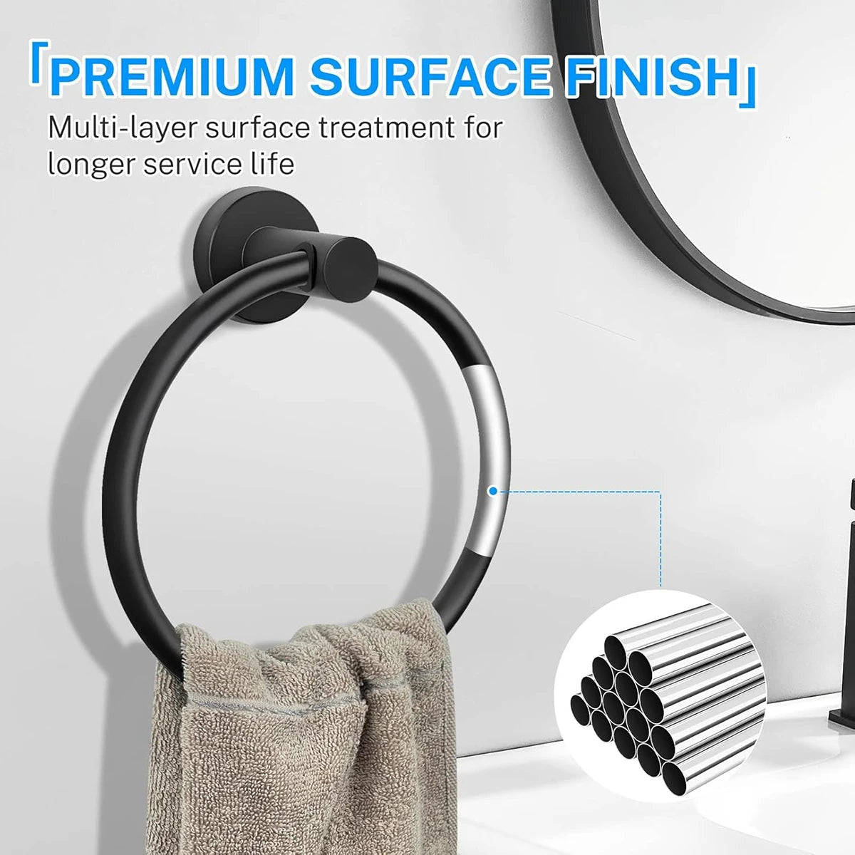 Bathroom Towel Ring Hardware Accessories Storage Holder 304 Stainless Steel Matte Black Hand Towel Holder Round Towel Hanger - Daisan Mart