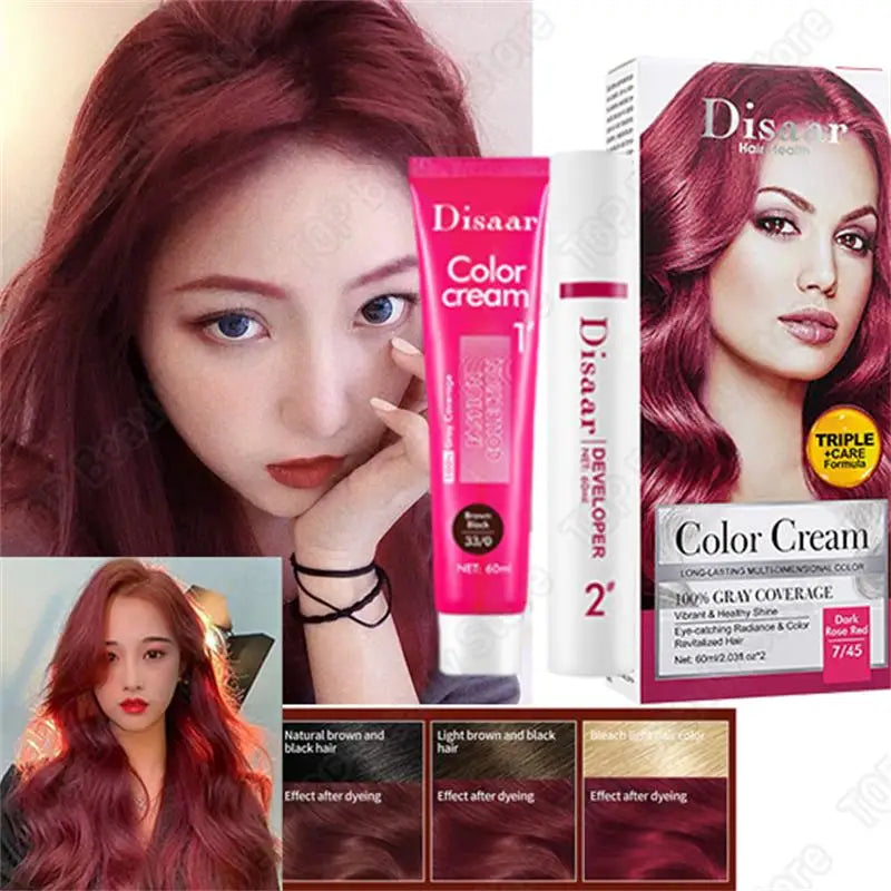 Hộp thuốc nhuộm tóc màu đỏ, hình người mẫu tóc đỏ, và hình ảnh màu tóc trước sau nhuộm.