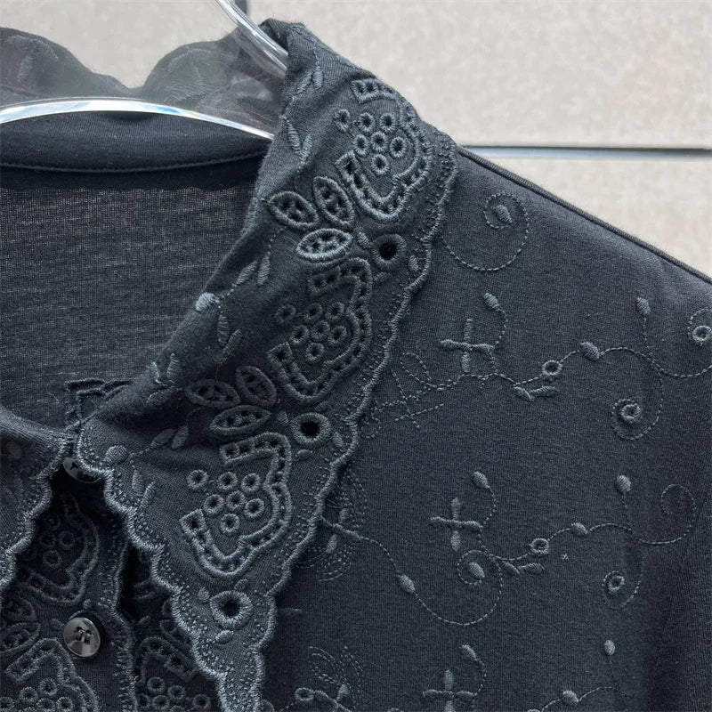 Women's bodysuit New elastic slim fit lapel long sleeved top for autumn 2025 floral embroidery women's corset y2k women's bodys