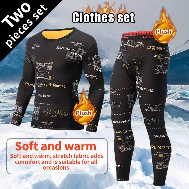 Men's Autumn Winter Velvet Printed Underwear Set Fashion Warm