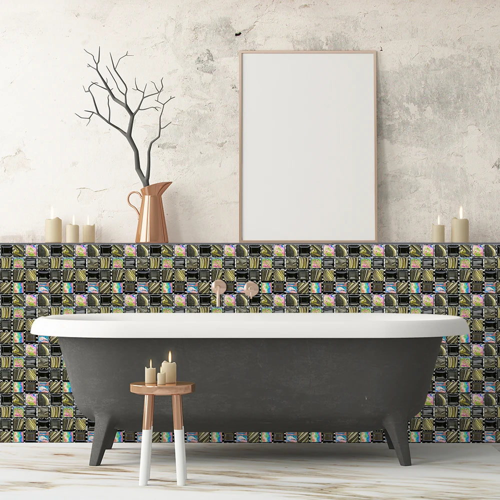 10pcs Flat Mosaic Style Tiles Sticker Kitchen Bathroom Waterproof &amp; Oilproof Art Wall Sticker Peel &amp; Stick Surface Glossy Film