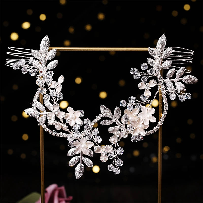 Băng Tóc Cưới Ngọc Trai Pha Lê Hoa Lá Nữ Tính