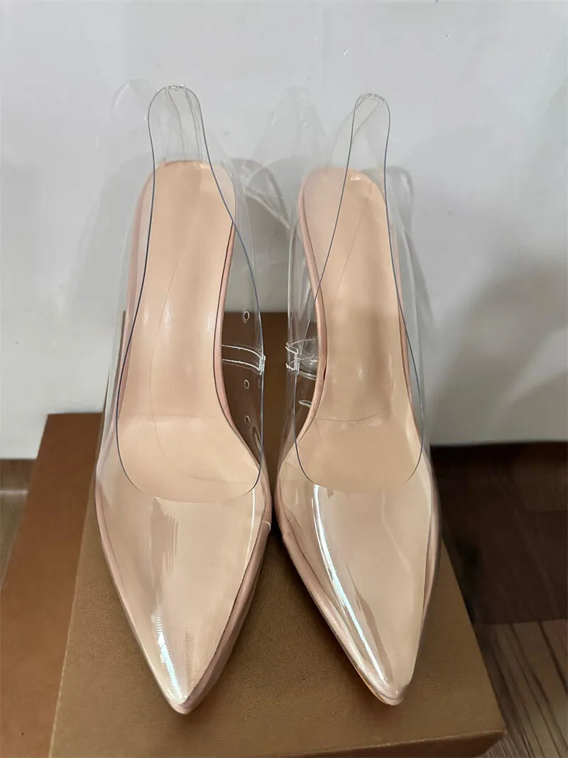 Onlymaker Women Pointed Toe PVC Clear High Heels Pumps Buckle Chunky Transparent Strip Big Size Summer Pumps