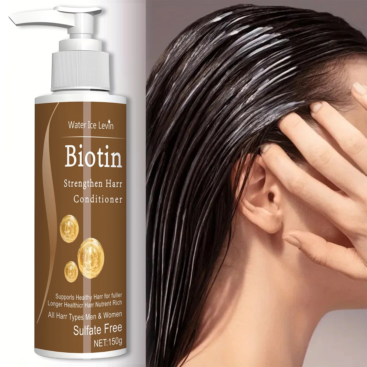 Chai dầu xả màu nâu, chữ trắng, cạnh bên là tóc ướt, mượt, tay giữ tóc.