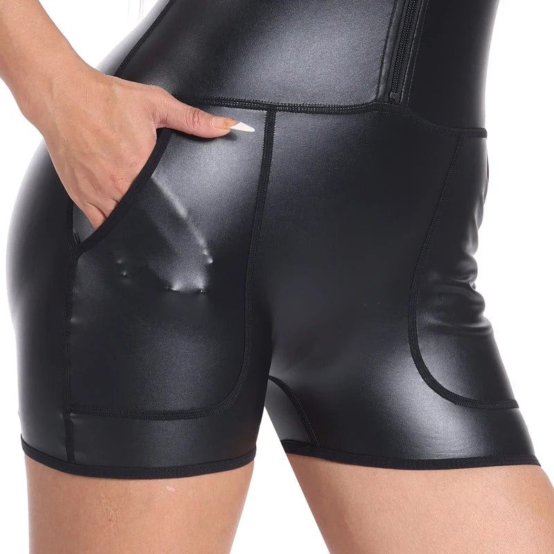 Women Shaper Metallic Front Zip Mock Neck Catsuit Bodysuit Sexy One Piece Leather Short Jumpsuits Tank Top Shapewear with Pocket