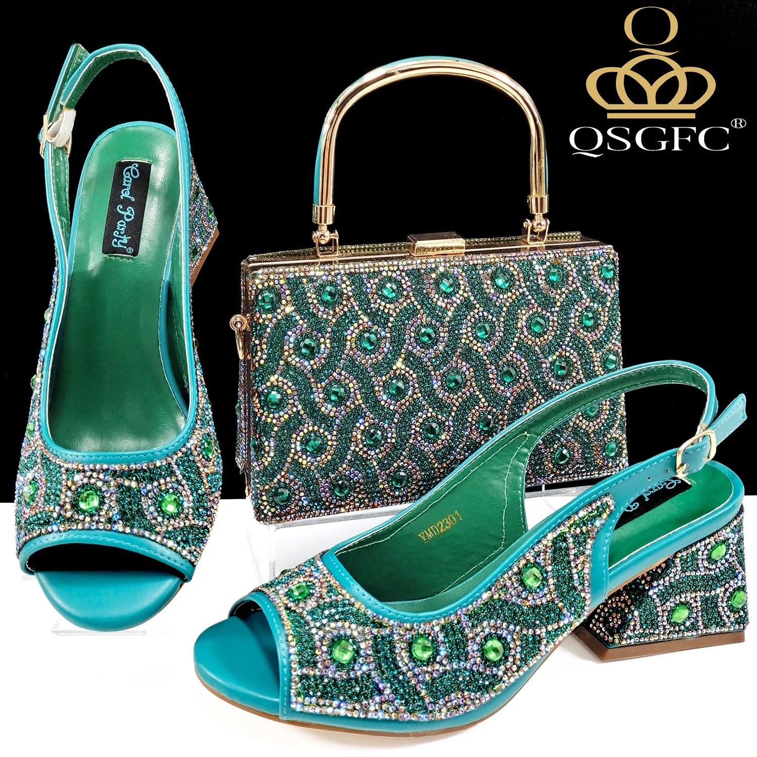 2024 Rhinestone Shoes and Bag Set - Trendy Green