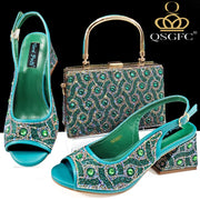 2024 Rhinestone Shoes and Bag Set - Trendy Green