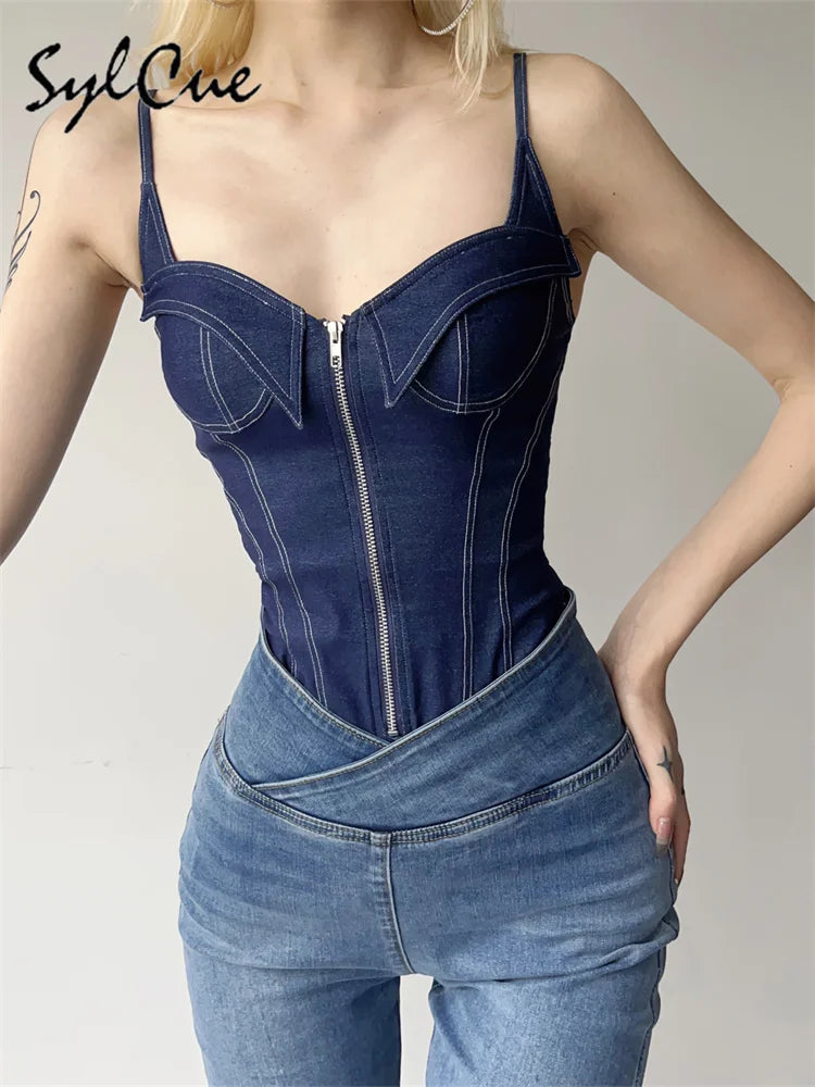 Sylcue 2023 Summer New Classic Retro Cool All-Match High Street Sexy Mature Charm Hot Women'S Zipper Jumpsuit Bodysuit