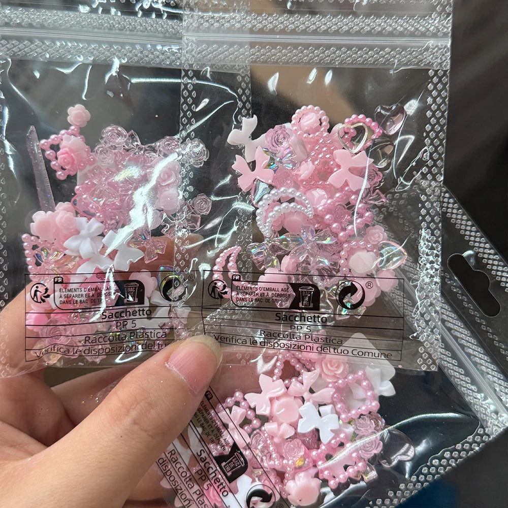 50/100pcs Pink White Bow Pearl Mixed Nail Charms 3D Kawaii Resin Heart Moon Bowknot Flower Nail Deco DIY Crafts Jewelry Accessor