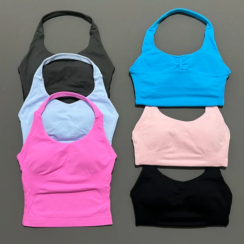 No Logo Women Halter Top Longline Strappy Tank Padded Yoga Clothing Fitness Running Activewear Gym Workout Tops - Daisan Mart