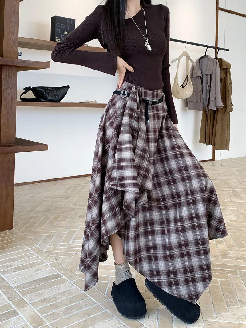 Chân Váy Len Caro Vintage Nữ Y2K Phong Cách Hàn Quốc