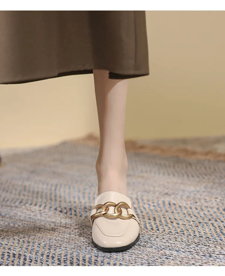 Women's Fashion Mules - Square Toe Black and White Chain