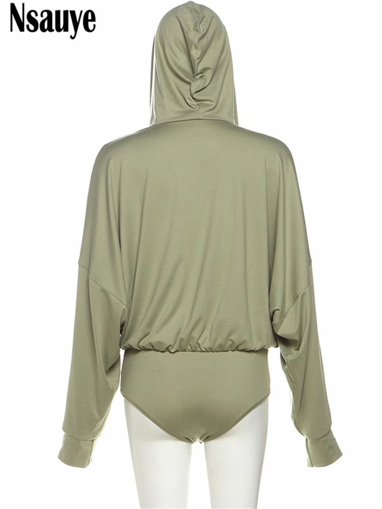 Nsauye 2025 Autumn Winter New Women Sexy Long Sleeve Hooded Bodysuit Streetwear Fashion Body Tops Fashion Solid Lady Jumpsuit