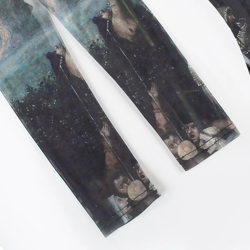 Goth Dark 90s Retro Print Mesh Long Sleeve Skinny Bodysuits Cyber ​​Y2K Sheer Tops Women Gothic Lace Patchwork Bodysuit Streetwear