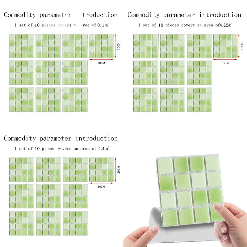 10pcs/set 3D Mosaic Tiles Sticker Self Adhesive Waterproof Wall-Tiles for Kitchen Bedroom Bathroom Walls Backsplashes Decoration