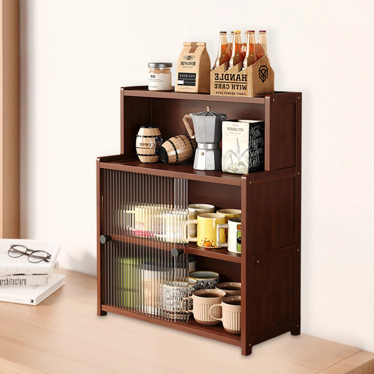 Bamboo Kitchen Cabinet 1/2/3 Layers Acrylic Door, Spice &amp; Bowl Storage