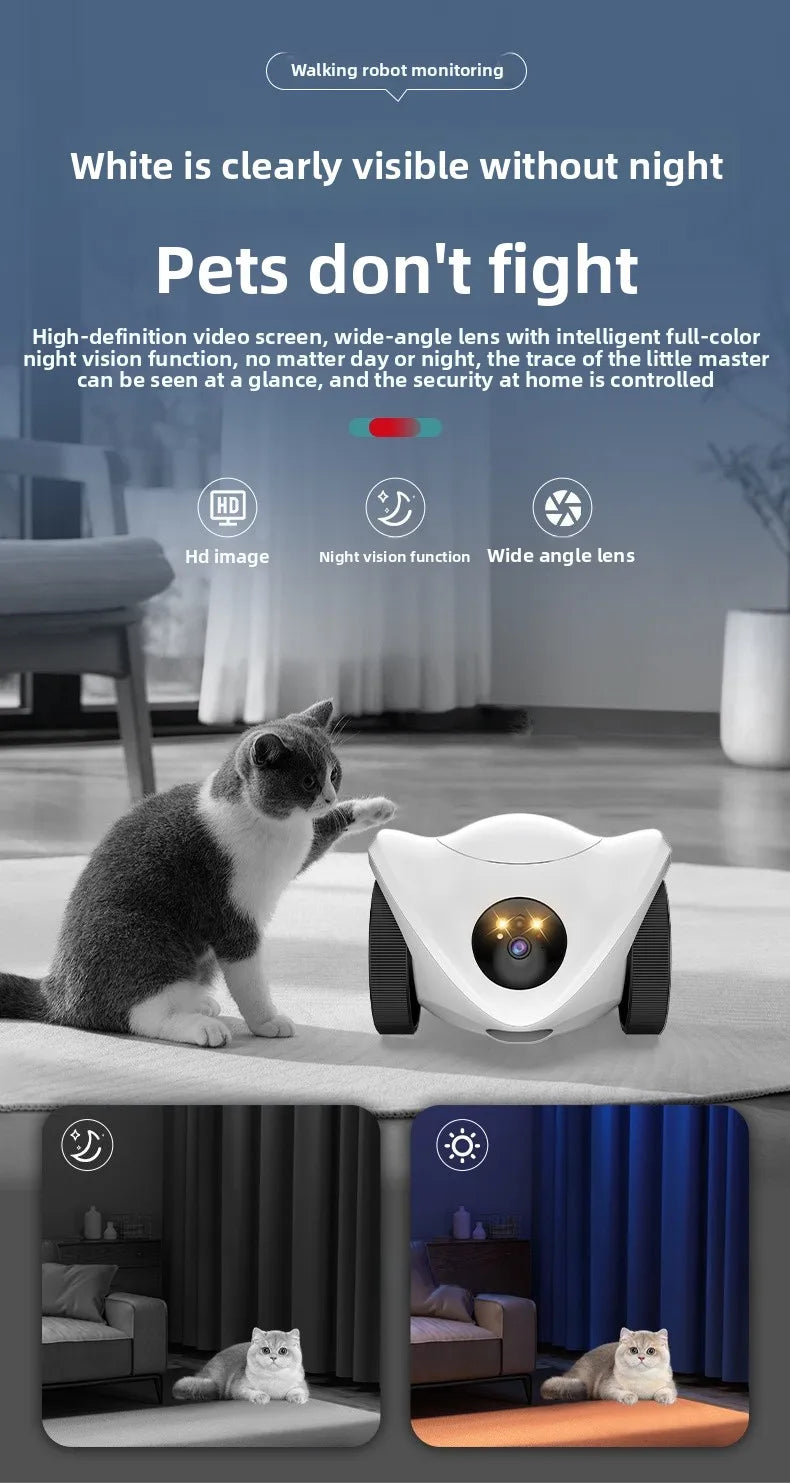 Intelligent pet feeder can be remotely controlled equipped with a camera capable of moving communication and featuring a laser