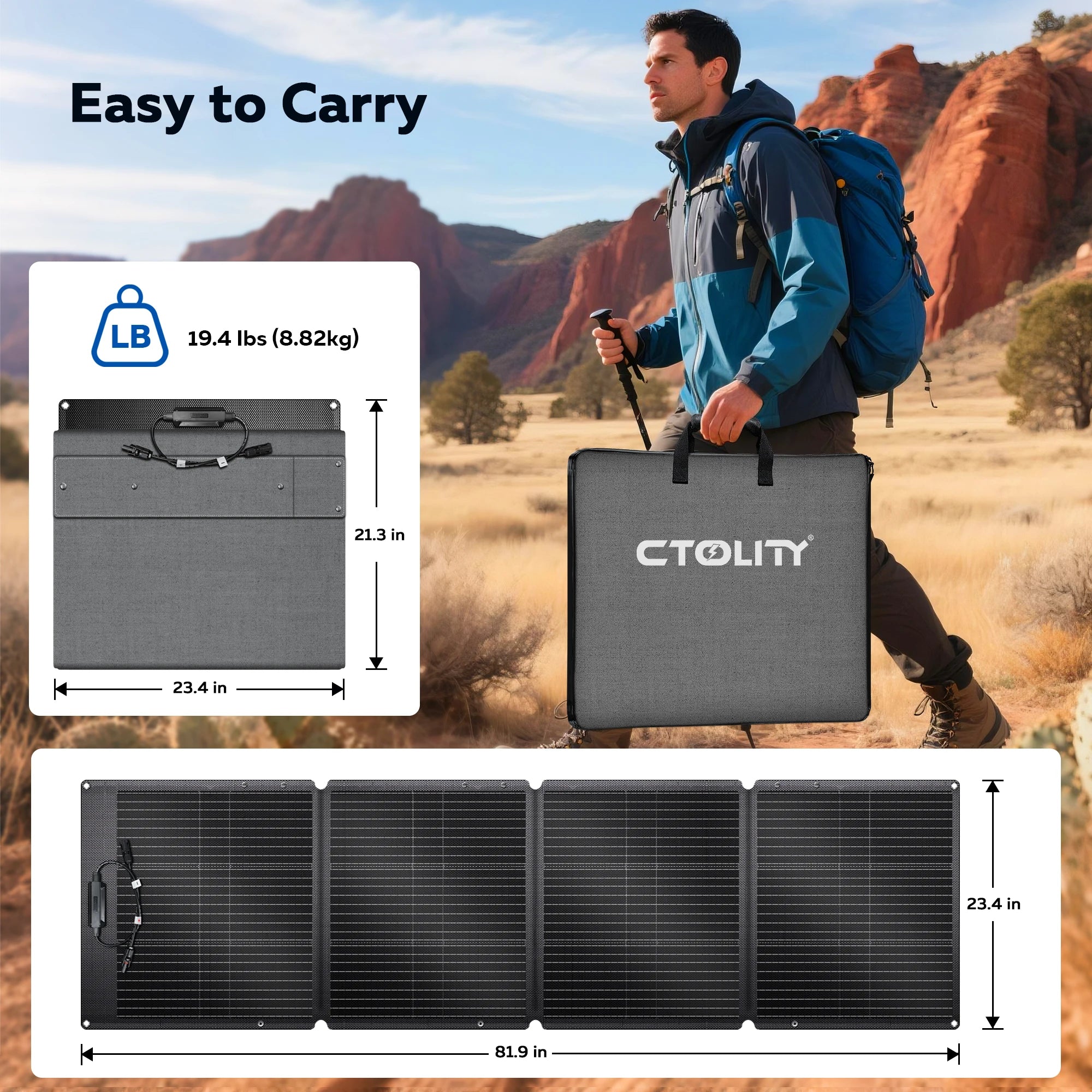 CTOLITY 200W Flexible Solar Panel Charger 20.5V ETFE Portable Folding Solar Generator for Camping Travel Boat RV 23% Efficiency