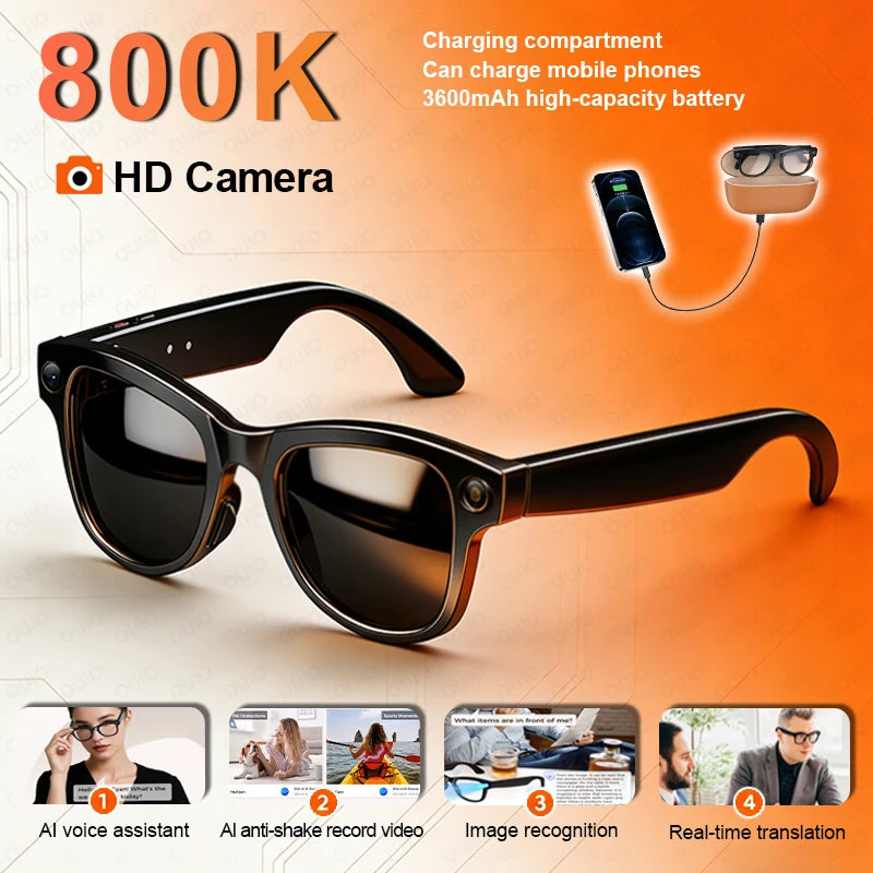 Kính râm đen có camera HD, nền cam, các tính năng AI, pin 3600mAh, sạc điện thoại di động.