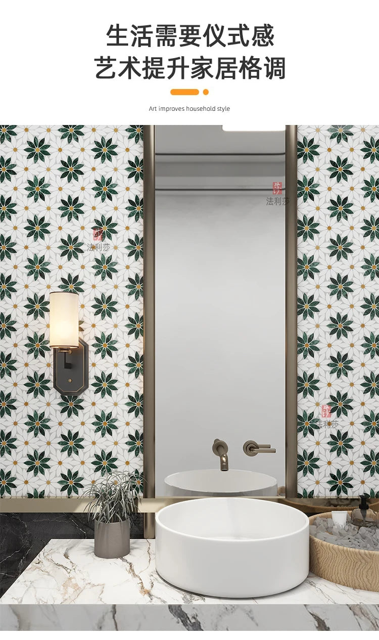 Building materials marble white-green stone mosaic sunflower toilet balcony residential hotel floor decoration background wall - Daisan Mart