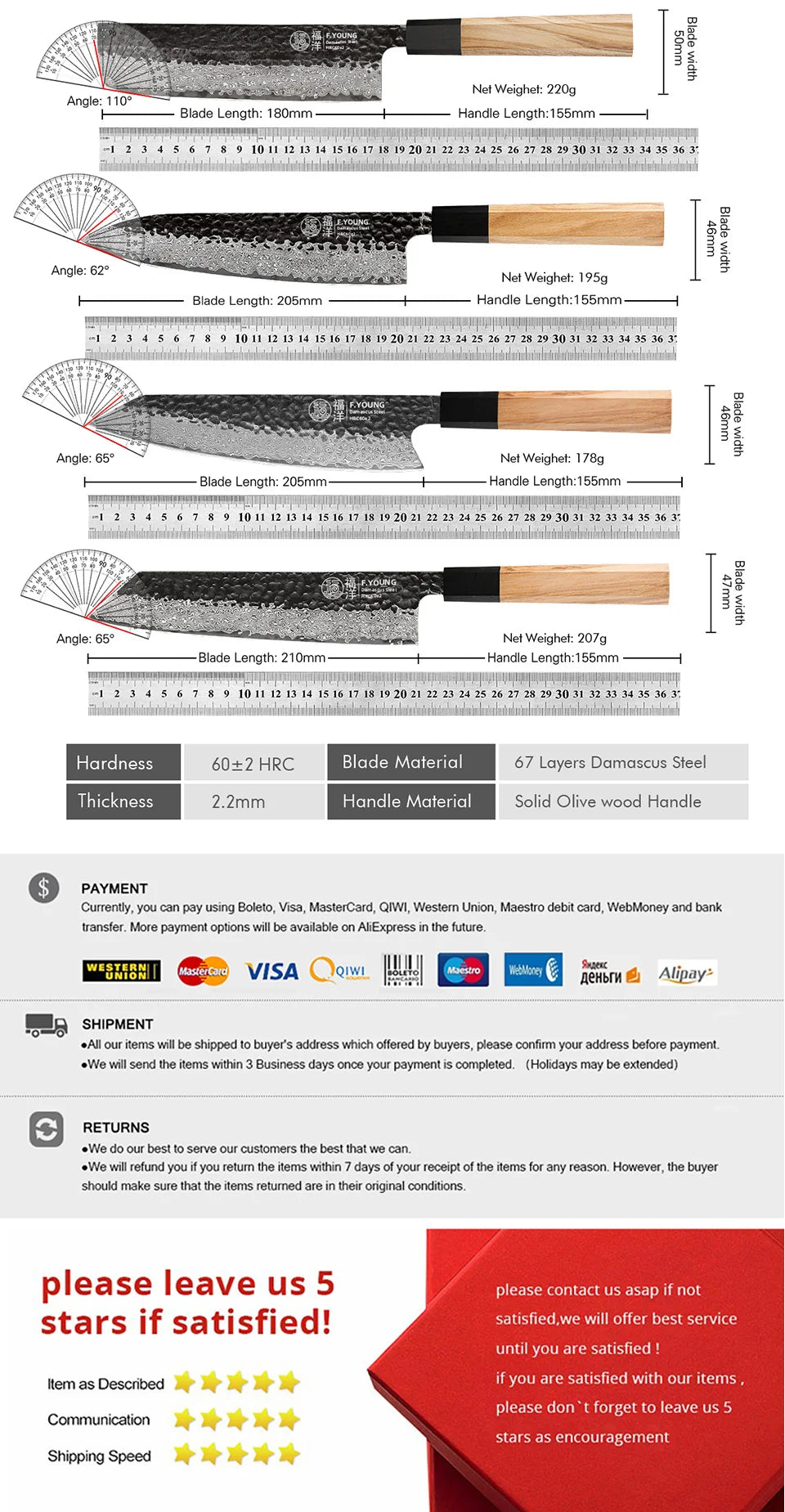 Dao Bếp Nhật F.YOUNG Rèn Tay Thép Damascus Cao Cấp