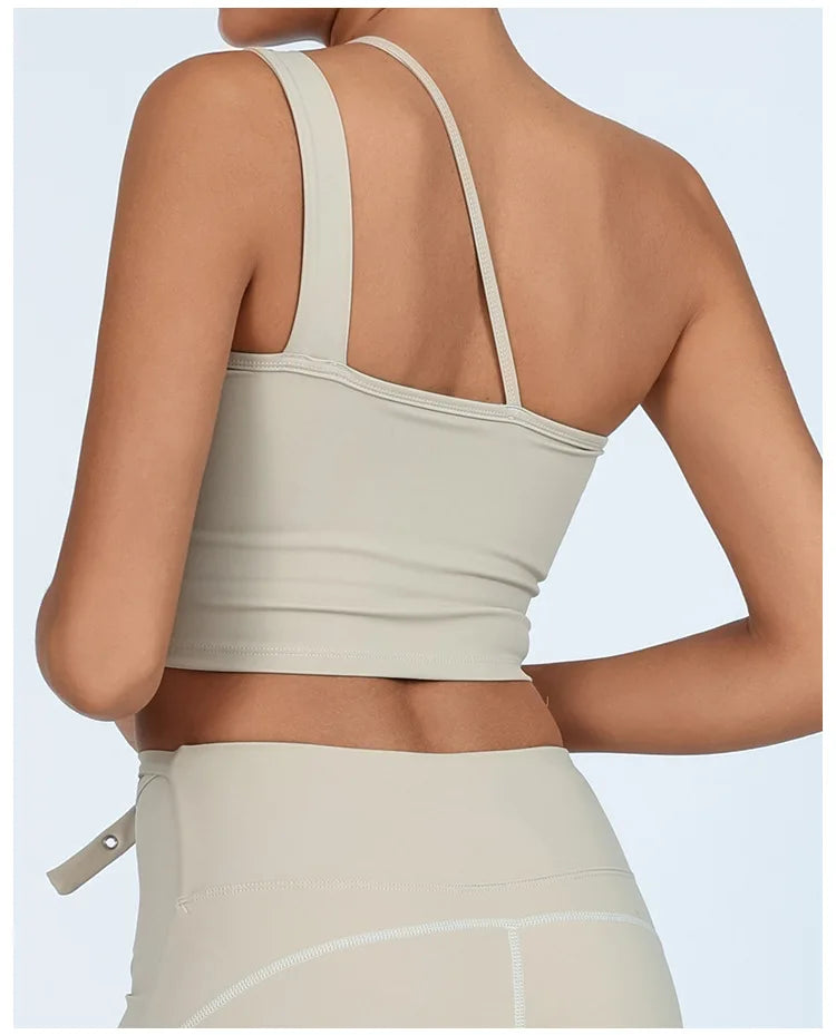Yoga Tank Top with Built-in Bra Asymmetric Single Shoulder Quick-Dry Breathable High Elasticity Workout Gym Fitness Clothes - Daisan Mart