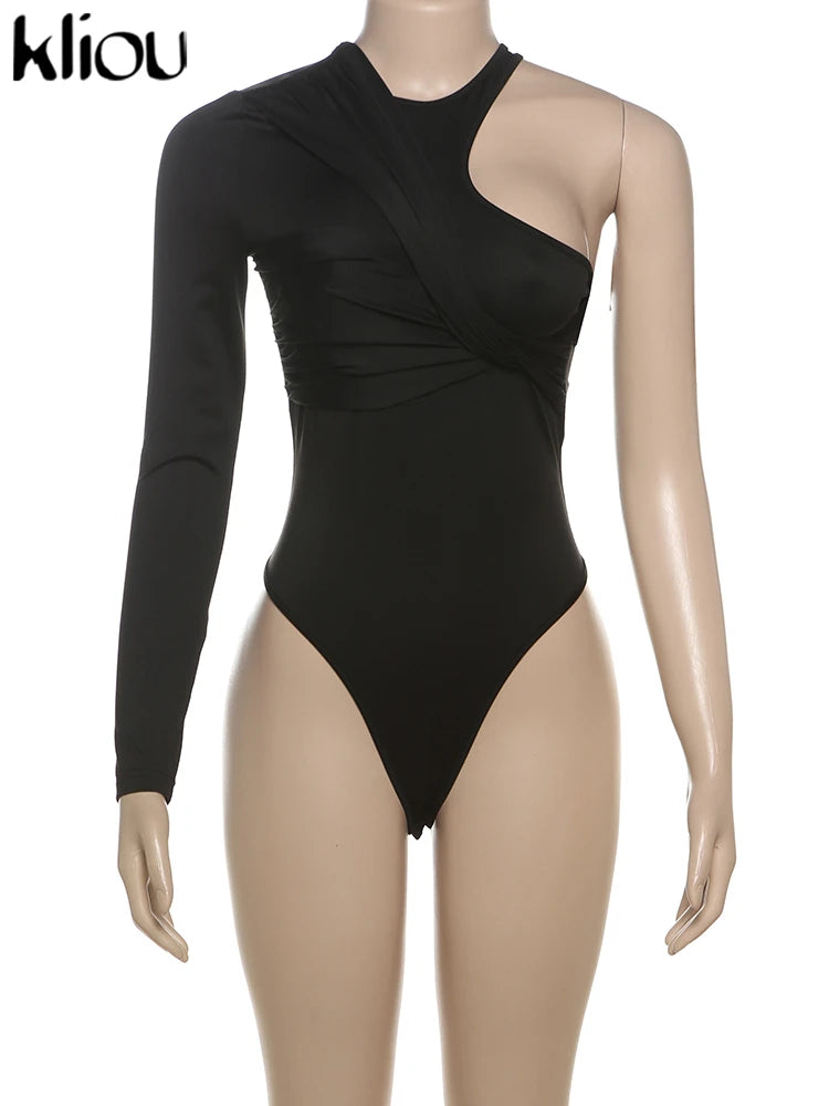 kliou Classic Solid Women Bodysuits Autumn All-matched Stacked Ruched Incline Shoulder Skinny Rompers Female Trend Street  Tops - Daisan Mart