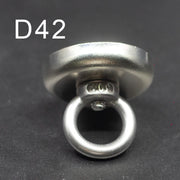 Nam châm tròn kim loại sáng bóng với vòng đai, chữ "D42" in góc trên nền đen.