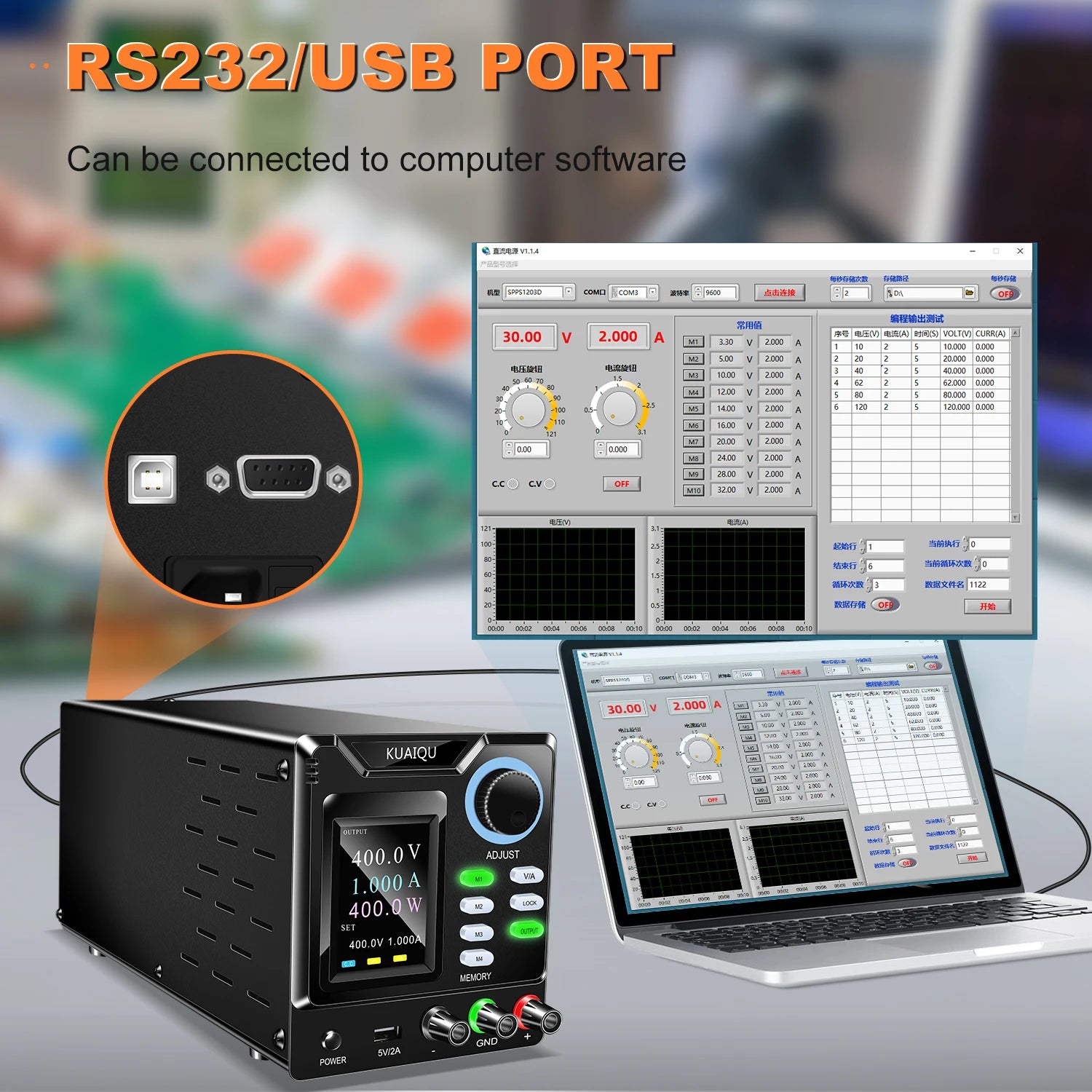 RS232/USB 1000V Multi-Voltage Programming Power Supply