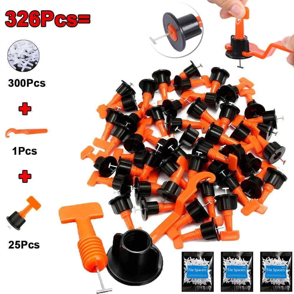 Bộ phụ kiện lát gạch 326 món gồm các mảnh nhựa đen, cam và trắng, có hình ảnh minh họa chi tiết.