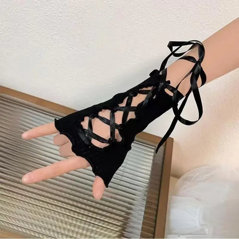 New Design Women Sexy Bandage Fingerless Gloves Gothic DIY Strapping Sunscreen Sleeve Lolita Jk Emo Y2k Elastic Mesh Punk Gloves - Daisan Mart