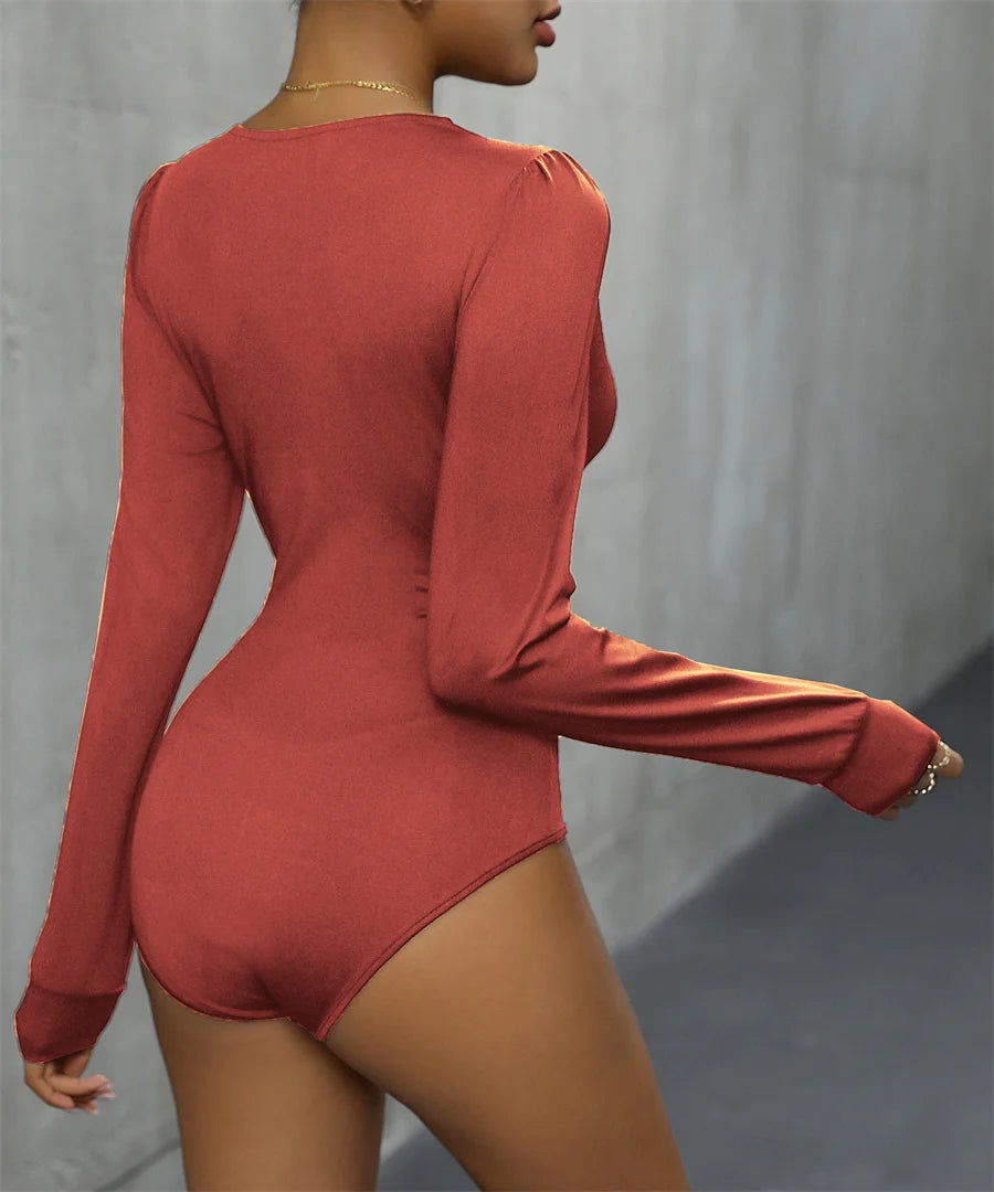 Benuynffy Sexy Deep V-neck Contrast Lace Bodysuit Women's Spring Fall Long Sleeve Club Party Elegant One-piece Body Tops - Daisan Mart