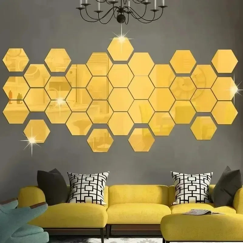 120/6pcs 3D Mirror Wall Sticker Hexagon Acrylic Self Adhesive Mirror Stickers Art Wall Decal Mosaic Tiles DIY Home Bedroom Decor