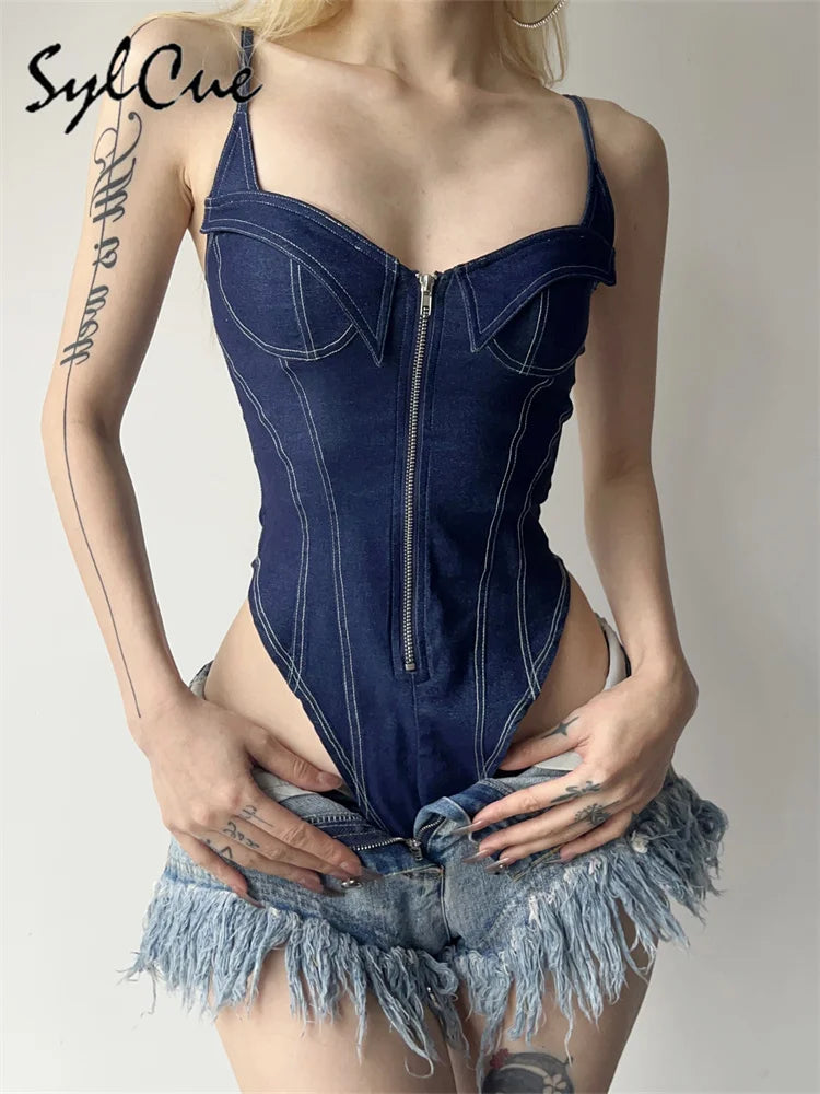 Sylcue 2023 Summer New Classic Retro Cool All-Match High Street Sexy Mature Charm Hot Women'S Zipper Jumpsuit Bodysuit