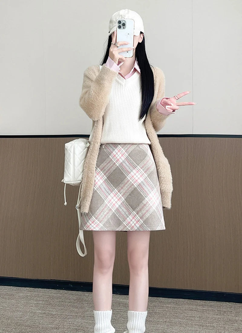 Autumn Winter Korean Plaid Woolen Skirt Women High Waist Slimming Wrap Hip Mini Skirts Y2K Thicken Warm Short A-Line Skirt Mujer - Daisan Mart
