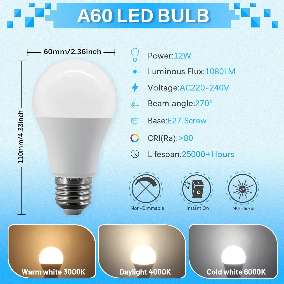 Set of 12 E27 LED Bulbs Full Watt Super Bright 220V 240V
